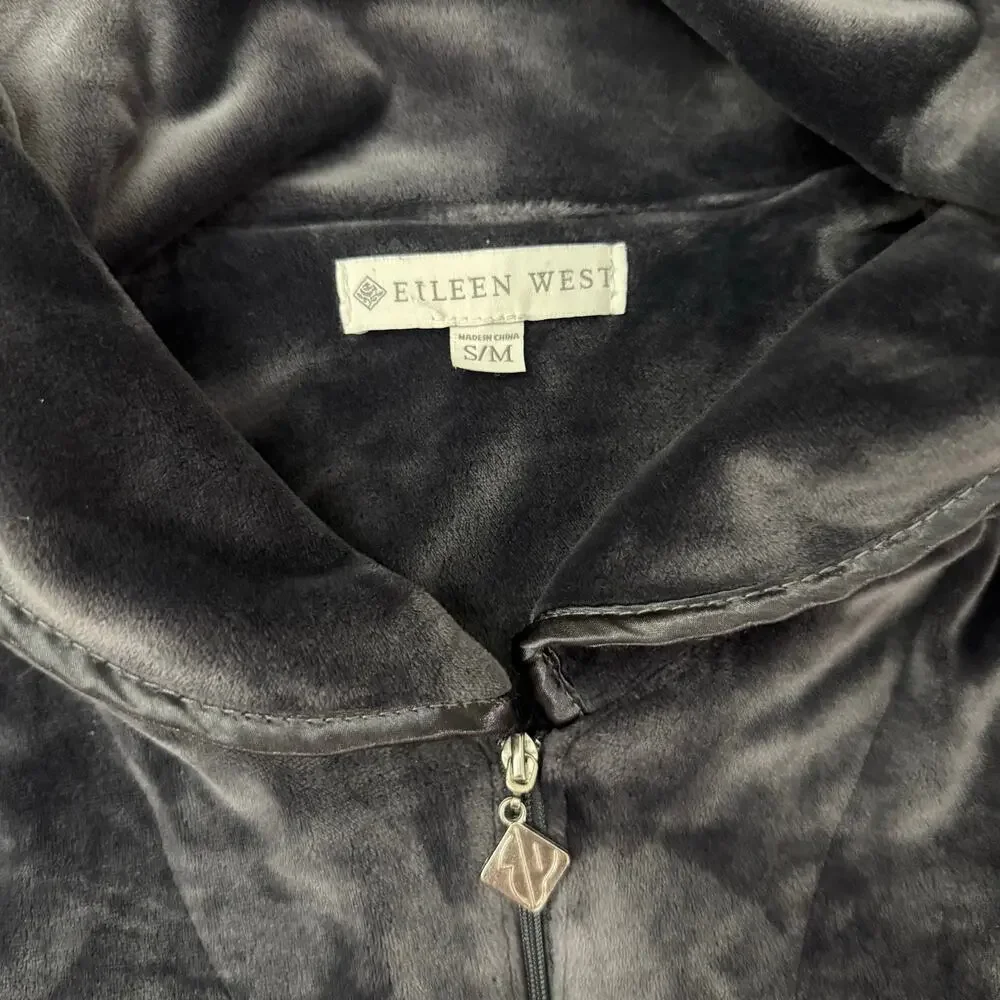 Eileen West Lux Velour Long Zip Robe Size S / M Charcoal Gray Velvet Pockets